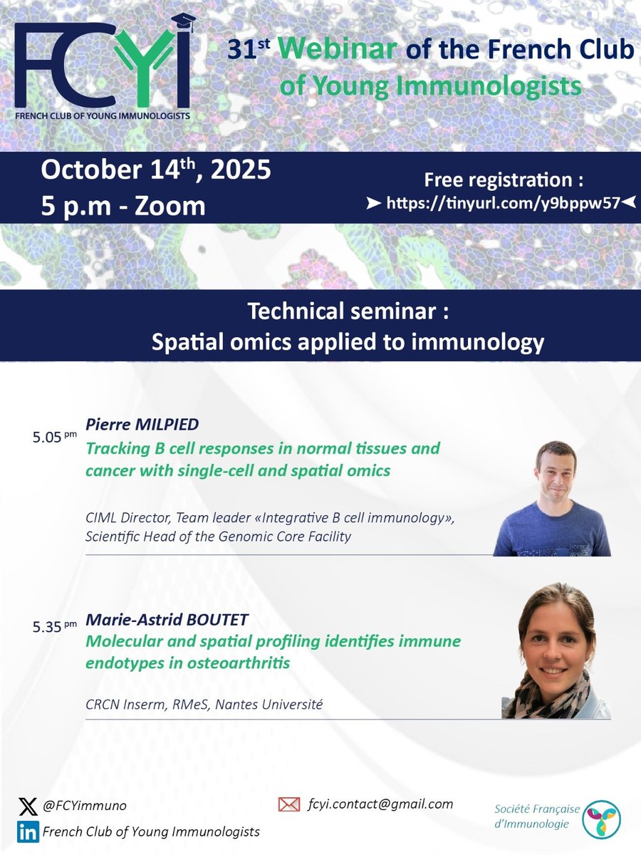 FCYImmuno's tweet photo. 🔬 31st FCYI Webinar | Oct 14, 5 PM CET 
🧠 Spatial omics in immunology 
🎙️ Pierre Milpied – Single-cell &amp; spatial omics in normal tissue &amp; cancer. 
🎙️ Marie-Astrid Boutet – Molecular &amp; spatial profiling in osteoarthritis. 
Registration link: https://t.co/tOfiHkmGLI https://t.co/vJeF4NZKrw