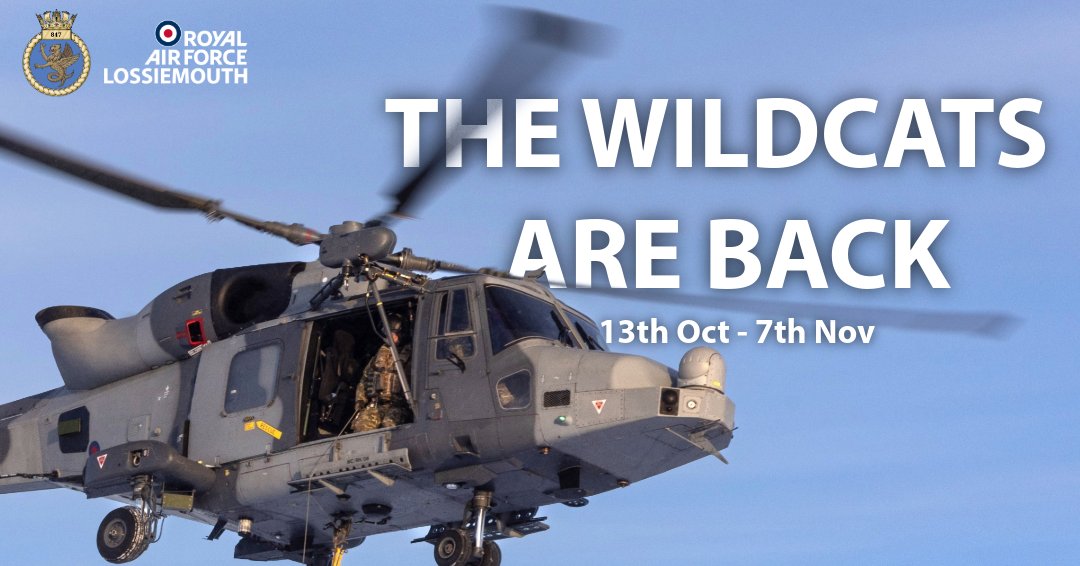 RAFLossiemouth's tweet image. Our colleagues from @847NAS are returning to RAF Lossiemouth next week to conduct exercises at Tain Range.
Their Wildcat Helicopters will be seen flying over various areas around the Moray Firth. As always, thank you to the local community for their support 💪