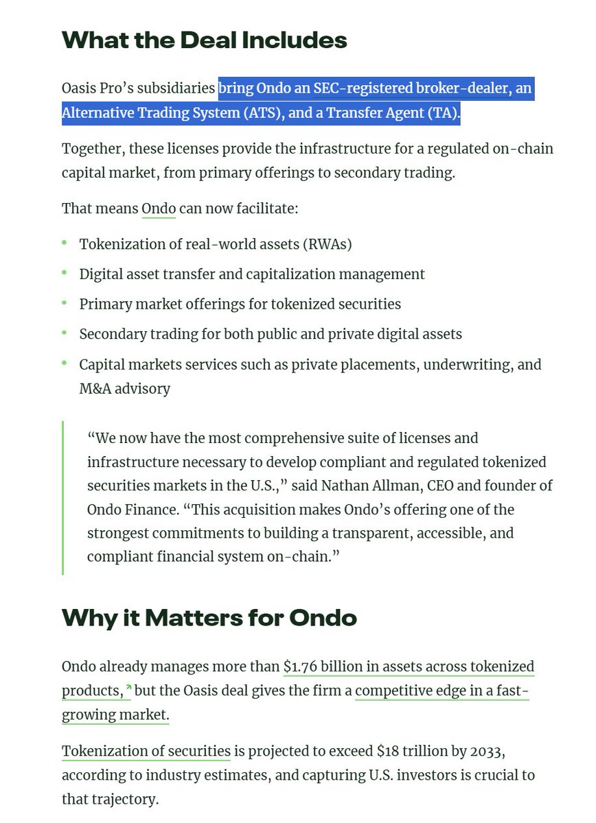 ChadSteingraber's tweet image. Ondo acquires Oasis Pro
- Ondo Finance acquires Oasis Pro, gaining access to a suite of SEC and FINRA licenses.
- The deal arms Ondo with regulated infrastructure for tokenized securities in the U.S.
- The tokenized securities market is projected to surpass $18 trillion by…