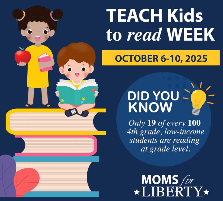 Moms4Liberty's tweet photo. 📚 The foundation of freedom is literacy.

Every child deserves the chance to dream, to grow, to read.

Because when a child learns to read, they learn to think — and thinking children become free citizens.

Let’s do better. 
Let’s start now.
➡️ Teach Kids to Read. https://t.co/kC3Pw4c7vn