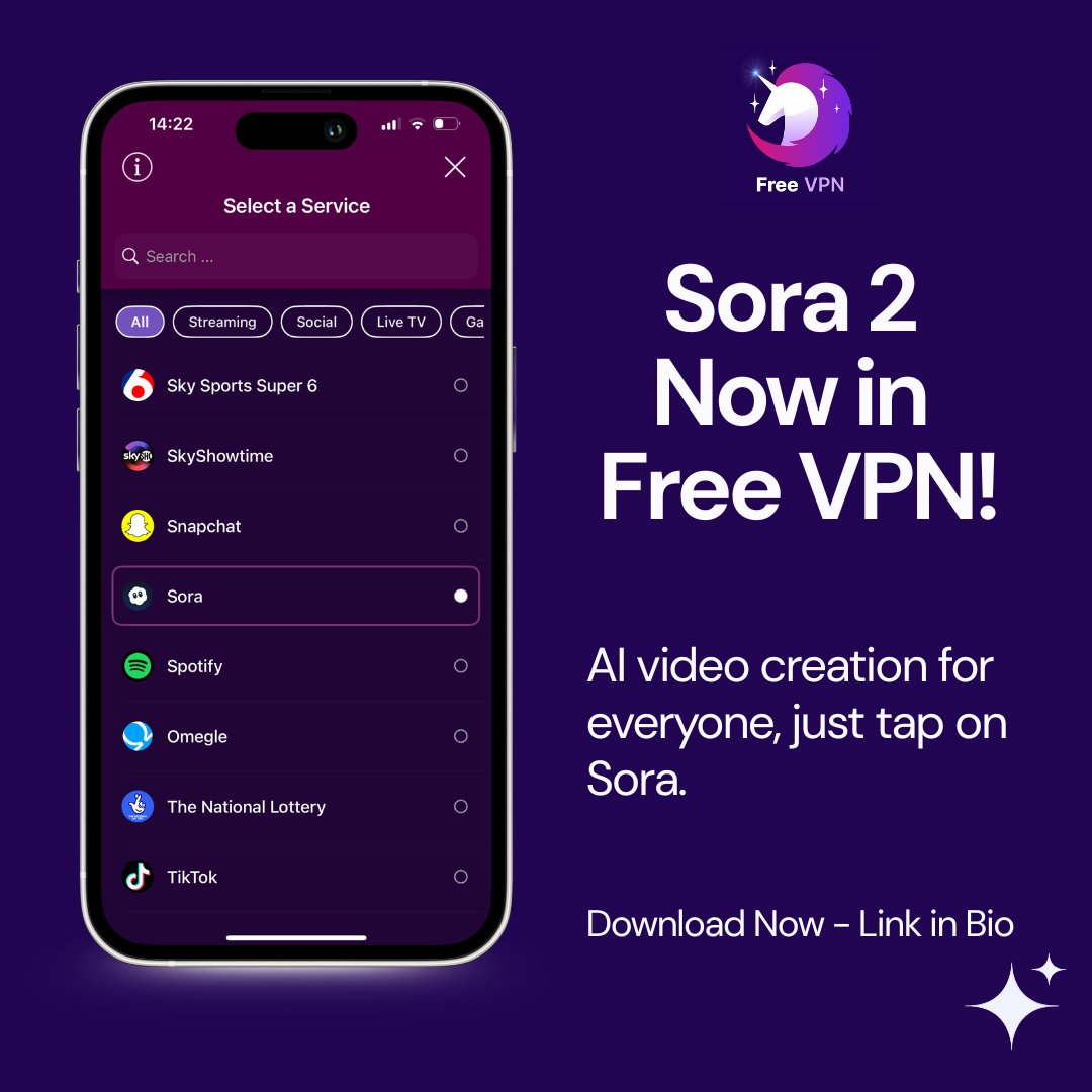 FreeVPN_App's tweet image. 🚀 Sora 2 Service Selector just landed on Free VPN! 

Create amazing AI videos, now easier than ever-right inside your favorite unicorn-powered app.  

Open Free VPN, select “Sora” in the new service selector, and unlock next-level creativity!  

 #Sora2 #AIVideo #AppUpdate #vpn
