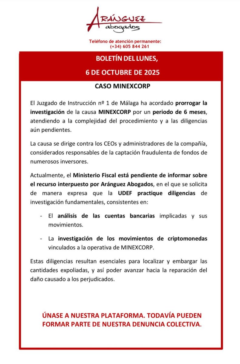 📢 El Juzgado de Instrucción nº1 de Málaga prorroga 6 meses más la investigación del #Minexcorp #Innovaminex por su complejidad y diligencias pendientes.
 🔍La UDEF deberá analizar cuentas bancarias y movimientos de criptomonedas.
 👥Aún puedes unirte a la denuncia colectiva.