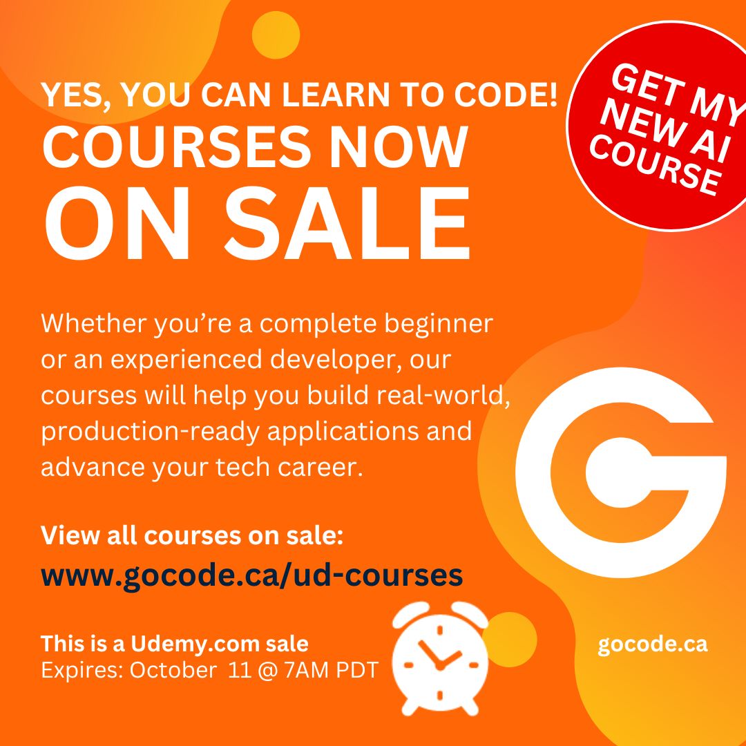 tsawler's tweet image. 24 Hours left. BEST price sale.
View all courses on sale at: gocode.ca/ud-courses
Code expires: October 11, 2025 7:00 AM PDT.

#UdemyCoupon #udemy  #Vue #websockets #react #python #laravel #ubuntu #microservices #concurrency #Fyne #ai