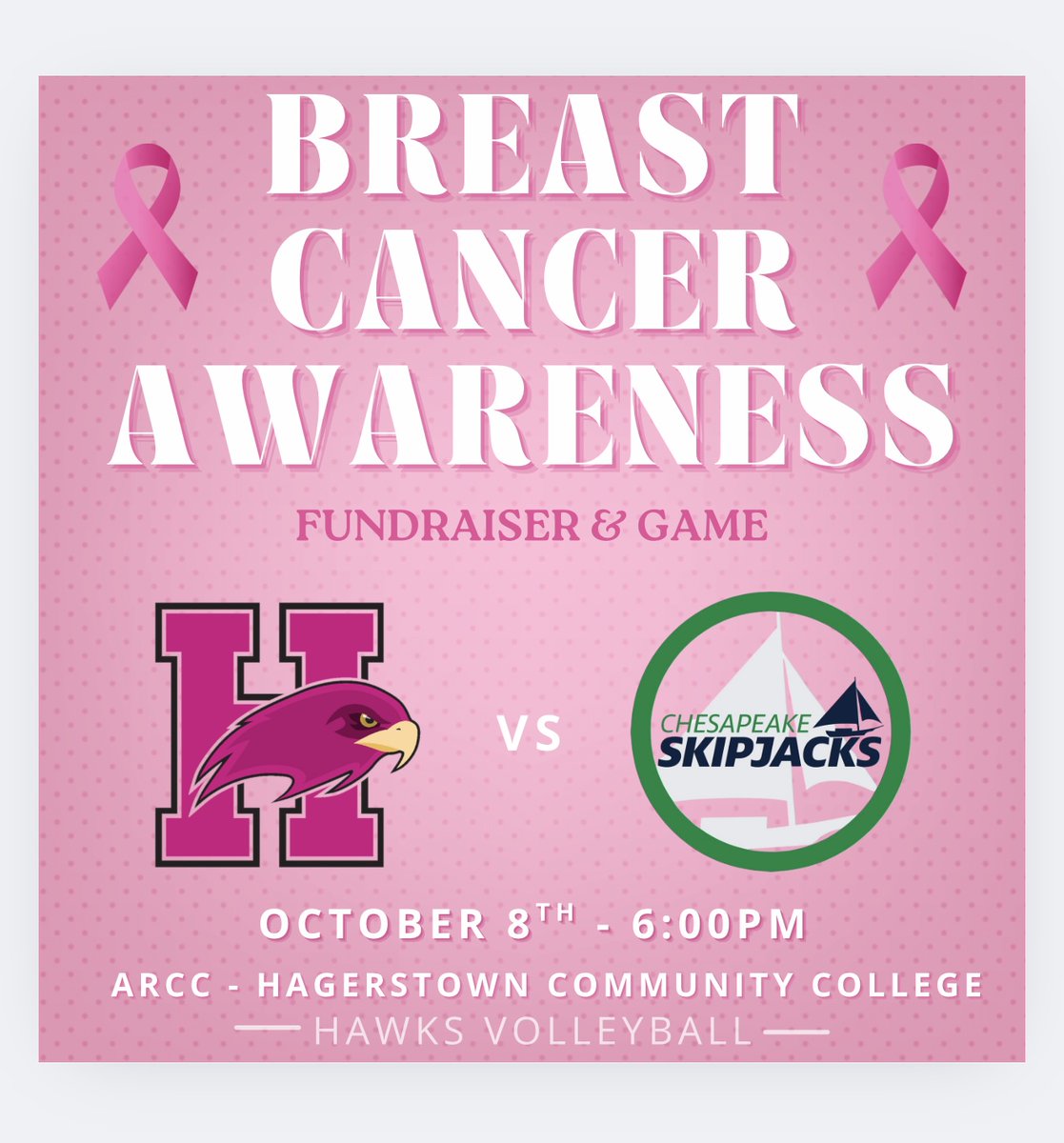 HCC VB celebrates it's annual Breast Cancer Awareness Night this Wed, Oct 8th starting at 6PM in the ARCC.

The VB game will follow at 7PM against Chesapeake College. The Fundraiser will include raffles, giveaways, and apparel/baked goods for sale.

Please consider coming out!