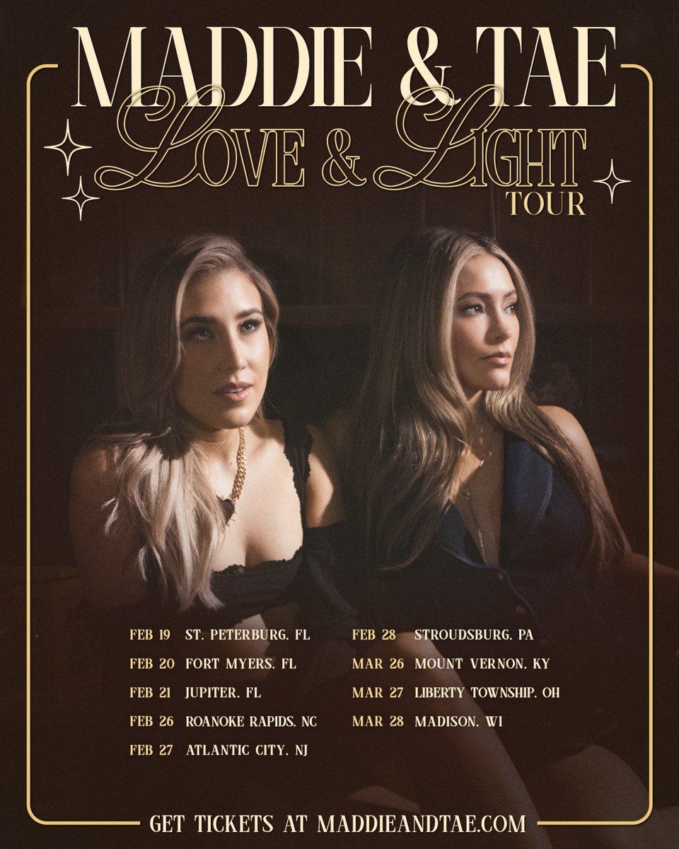 looks like we're spreading Love &amp; Light into 2026 ✨ we can't wait to see your smiling faces next year. sign up for our email or sms list at the link below to get the presale code for Tuesday. Public on-sale starts Friday! maddieandtae.com/sign-up/#/