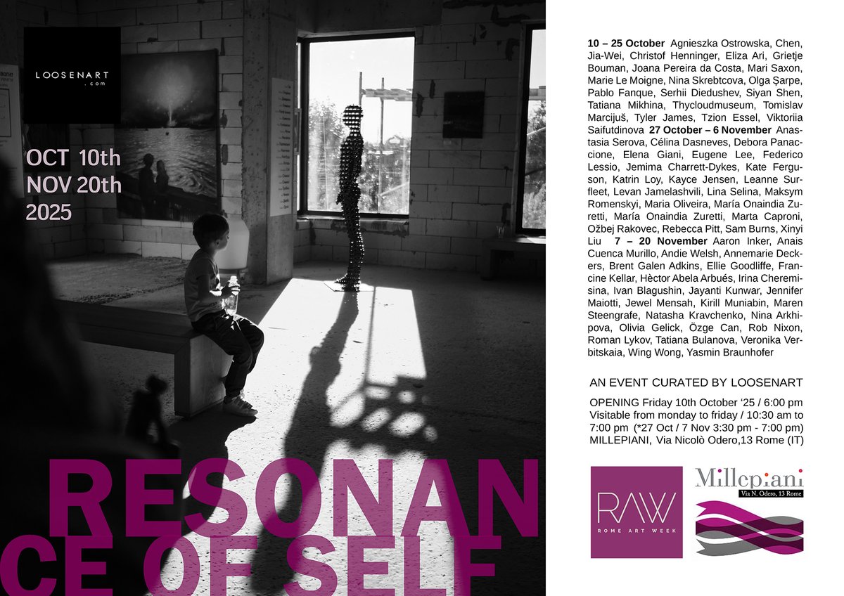 Save the date!
• RESONANCE OF SELF •
October 10 – November 20, 2025
Millepiani, Via N. Odero, 13 – Rome
Opening 10th October 2025 / 6:00 pm