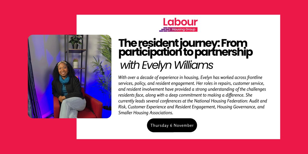 On Thursday 6 November (7pm), join us in conversation with Evelyn Williams as we discuss how to ensure that tenants' voices are heard

With a decade of experience in housing, Evelyn has worked across frontline services, policy, and resident engagement.

labourhousing.org/lhg_news/event…