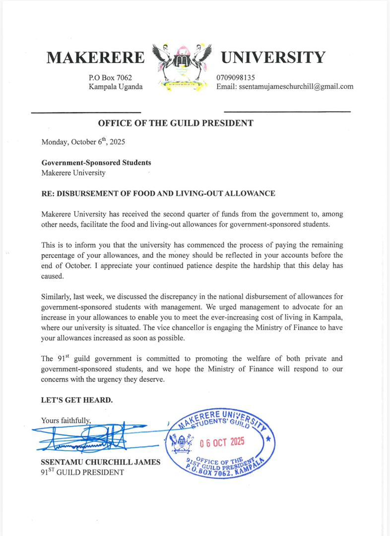 Makerere Students' Guild (@makguild) on Twitter photo Dear government-sponsored students (<a href="/MUGOSA_2425/">MAK GOV'T STUDENTS ASSOC. (MUGOSA)</a>), find attached the communication regarding the disbursement of food and living-out allowances. Dear government-sponsored students (<a href="/MUGOSA_2425/">MAK GOV'T STUDENTS ASSOC. (MUGOSA)</a>), find attached the communication regarding the disbursement of food and living-out allowances.