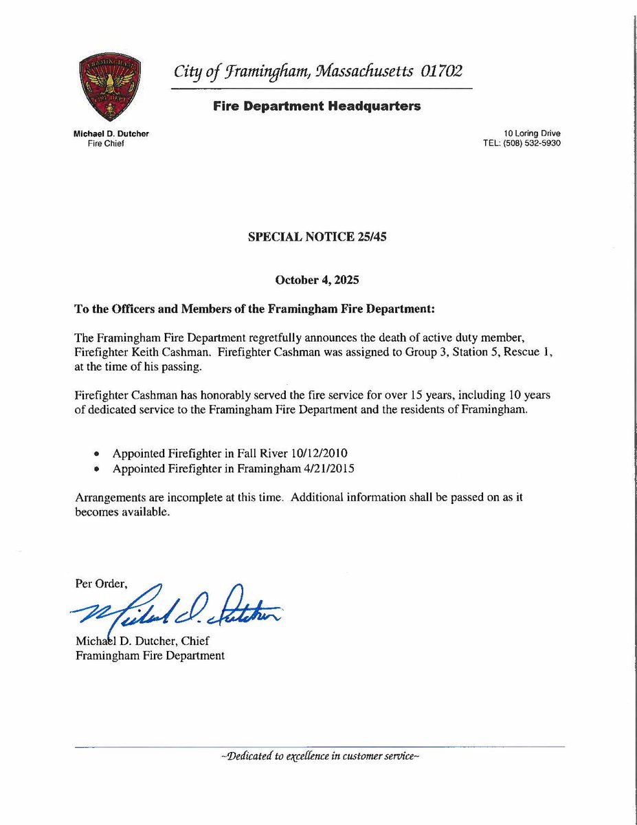 FraminghamFire's tweet image. We regretfully announce the death of Firefighter Keith Cashman. He was a member of the Fall River Fire Department from 2010 to 2015 and of the Framingham Fire Department from 2015 to 2025. He was a member of Group 3, Station 5, Rescue 1.

RIP, brother.
 We’ll take it from here.