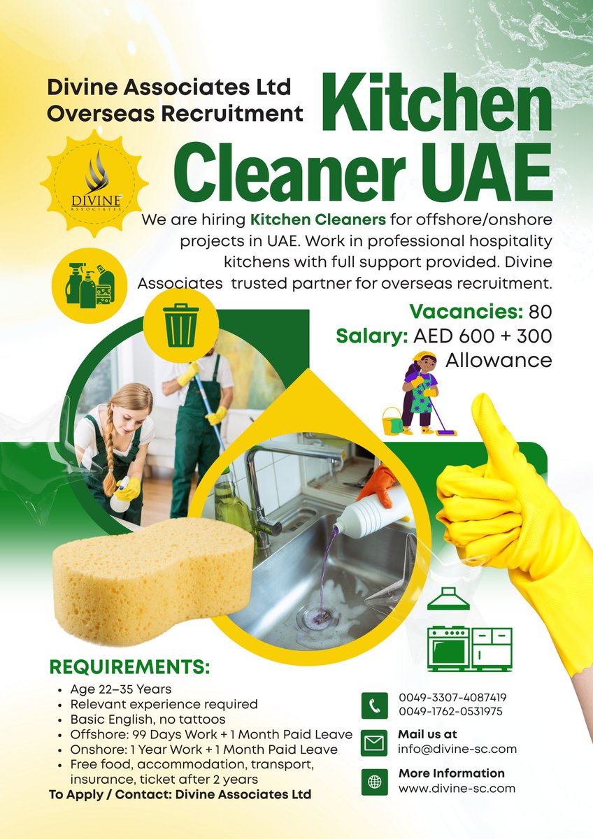 DivineAssociat's tweet image. Work in professional hospitality kitchens as a Kitchen Cleaner in UAE – apply now via Divine Associates Ltd!
#DivineAssociatesLtd #UAEJobs #KitchenCleaner #HospitalityJobs #OverseasRecruitment