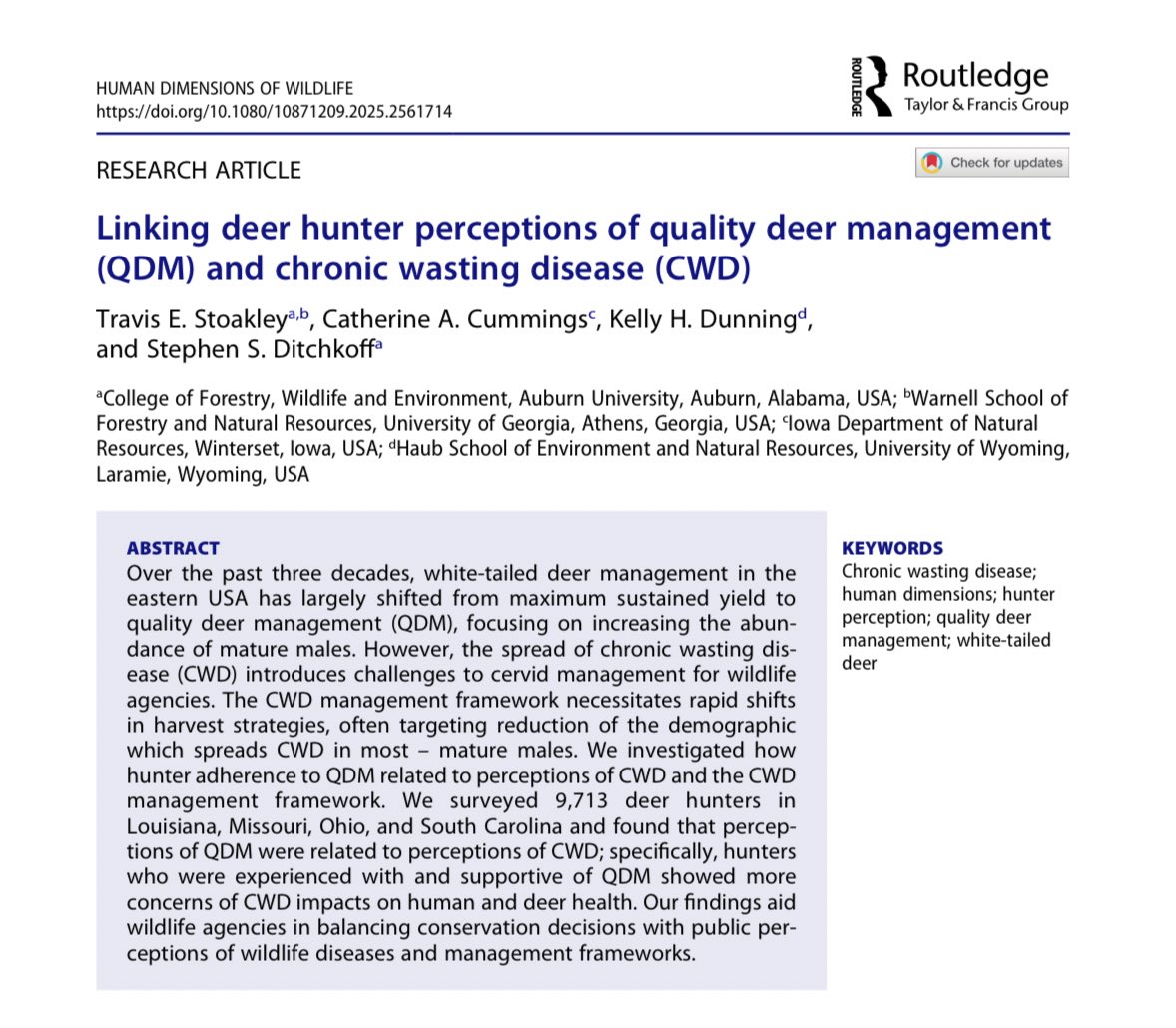 New paper! On deer hunter support for quality deer management (QDM) and thoughts on chronic wasting disease (CWD) led by former MS student Travis Stoakley from the Auburn Deer Lab