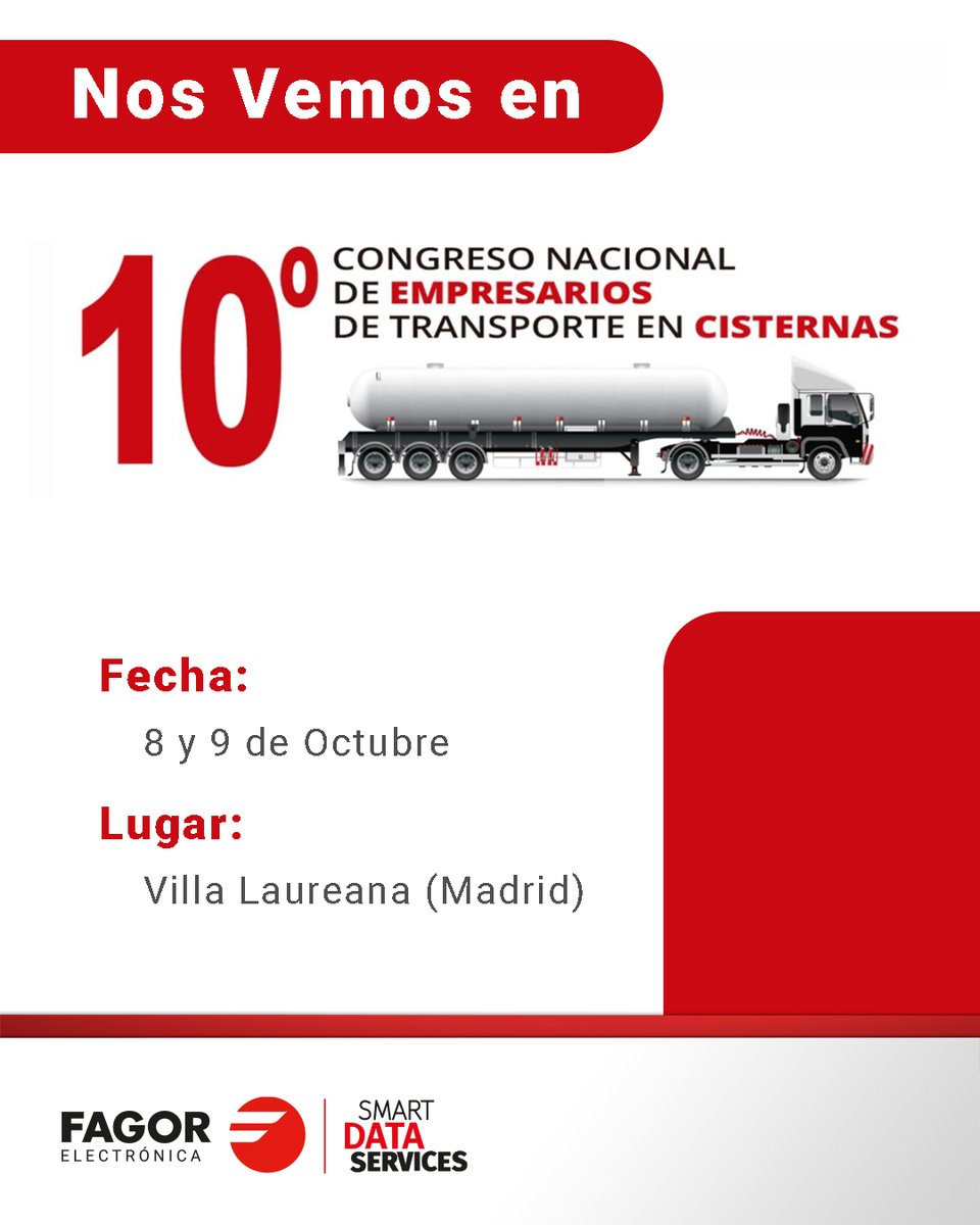 fagorsmartdata's tweet photo. El 8 y 9 de octubre estaremos en el 10.º Congreso Nacional de Empresarios de Transporte en Cisternas de @CetmTransporte 
Un evento clave para debatir, compartir y conectar en el sector del transporte en cisternas.
📍 ¡Nos vemos allí!
#SmartDataServices #FlotasNet #CETM https://t.co/fEfgJ9L5p6