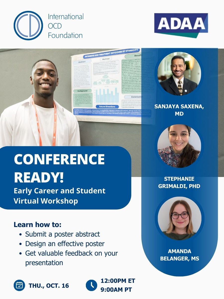 Anxiety and Depression Association of America (@adaa_anxiety) on Twitter photo Conference coming up? 📝 ADAA & <a href="/IOCDF/">International OCD Foundation</a> ’s Oct 16 Early Career Workshop (12–1 pm ET) will help you polish abstracts, posters & presentation skills.
Register: iocdf-org.zoom.us/meeting/regist…
#MentalHealthResearch #EarlyCareerResearchers #ResearchWorkshop #StudentResearch Conference coming up? 📝 ADAA & <a href="/IOCDF/">International OCD Foundation</a> ’s Oct 16 Early Career Workshop (12–1 pm ET) will help you polish abstracts, posters & presentation skills.
Register: iocdf-org.zoom.us/meeting/regist…
#MentalHealthResearch #EarlyCareerResearchers #ResearchWorkshop #StudentResearch