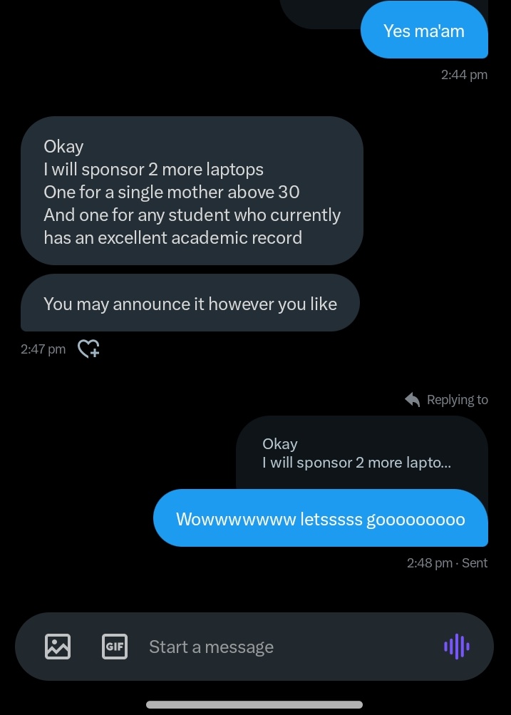 TechnicalBben's tweet image. Wow, wow, wow,  guess what??

@TheQueenArit, our mother and aunty in tech who has guided so many newbies on their tech journey, has decided to donate two more laptops: 😭😭

One for a single mother above 30

One for a student with an excellent academic record

She has a free…