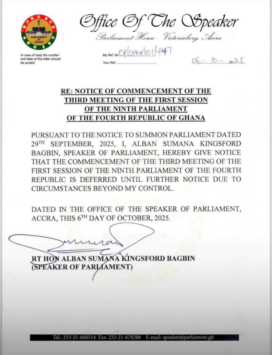 BerryPulseM_Inc's tweet photo. The commencement of the Third Meeting of the First Session of the Ninth Parliament of Ghana deferred until further notice - Rt Hon Alban Sumana Kingsford Bagbin
#BerryPulseInc #Pulsed #GhanaNews https://t.co/2h954NoUtE