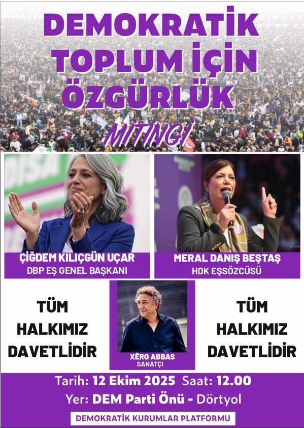 Huzurlu, adil ve refah içinde yaşamanın mümkün olabileceği bir gelecek inşa etmenin yolu "Barışı ve Demokratik Toplumu" inşa etmekten geçiyor.

Gelin hep birlikte özgürlük mitinginde Barışı ve Demokratik Toplumu haykıralım!