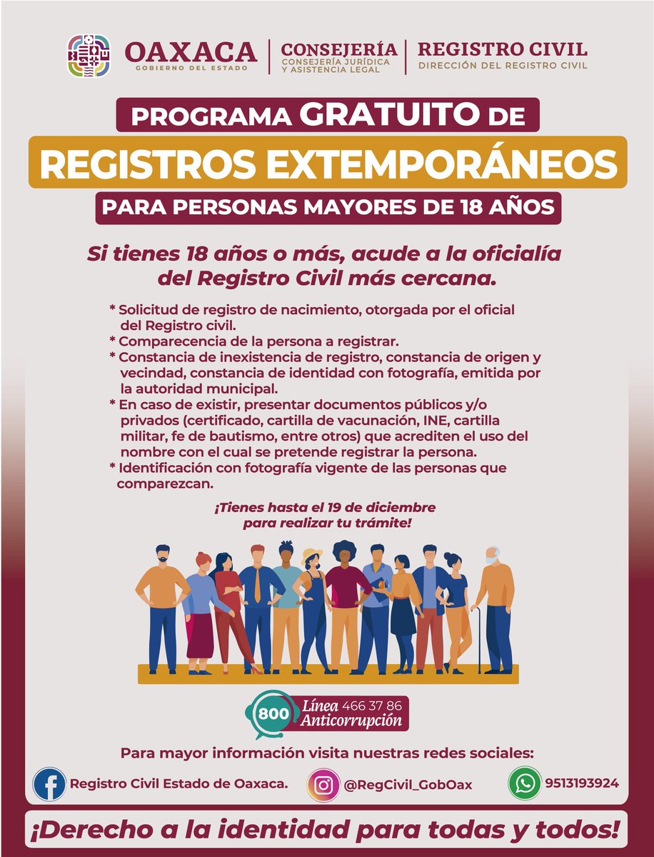 RegCivil_GobOax's tweet photo. ¡Regístrate GRATIS!
El @RegCivil_GobOax realiza Registros Extemporáneos para mayores de 18 años sin costo.
🗓️ Hasta el 19 de diciembre.
👉 Acude a tu oficialía más cercana.
#DerechoALaIdentidad #PrimaveraOaxaqueña #OaxacaFlorece https://t.co/xyjkHBoseH
