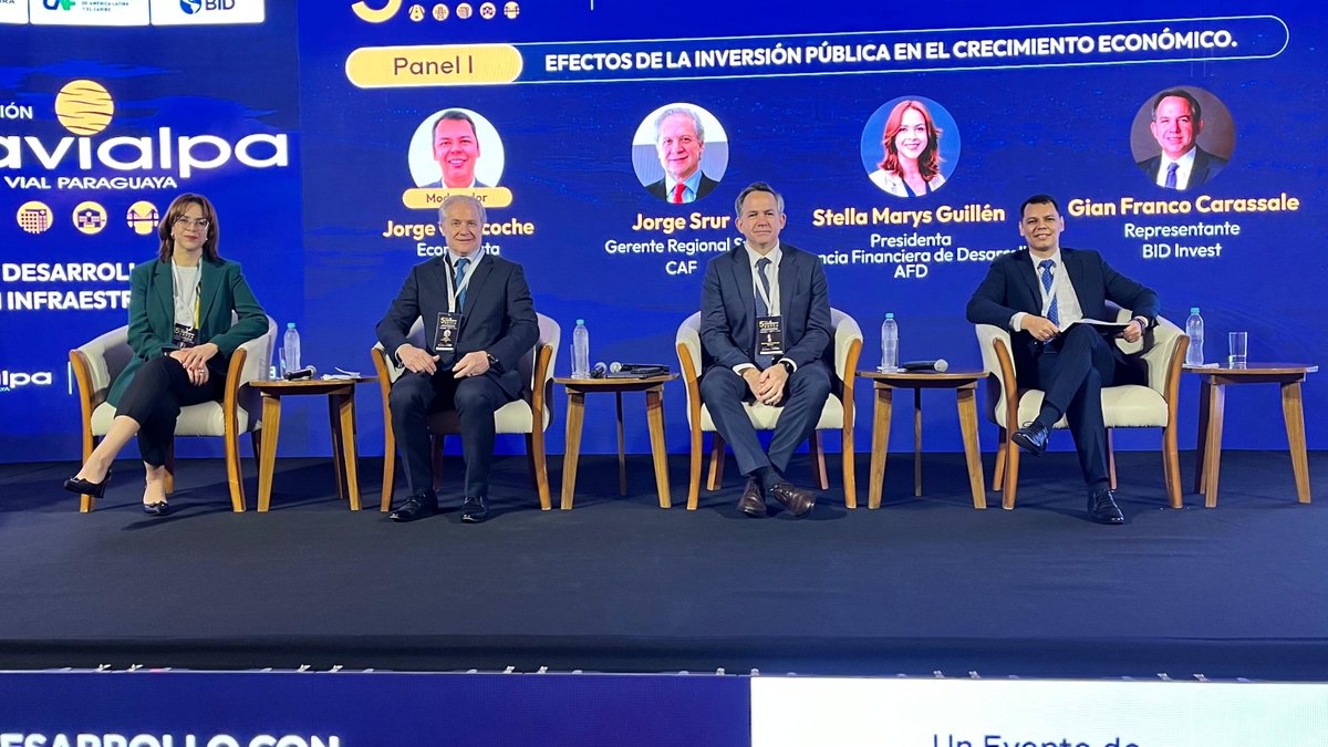 Cavialpa's tweet image. 🇵🇾 Impulsando el crecimiento económico de Paraguay
Un país lleno de ventajas competitivas para el desarrollo financiero, ¿cómo vamos a potenciarlas?
@stellaguillenpy, presidenta de AFD; @josrur, gerente Regional Sur de CAF; @CarassaleGian, de BID Invest y @gari_py, economista