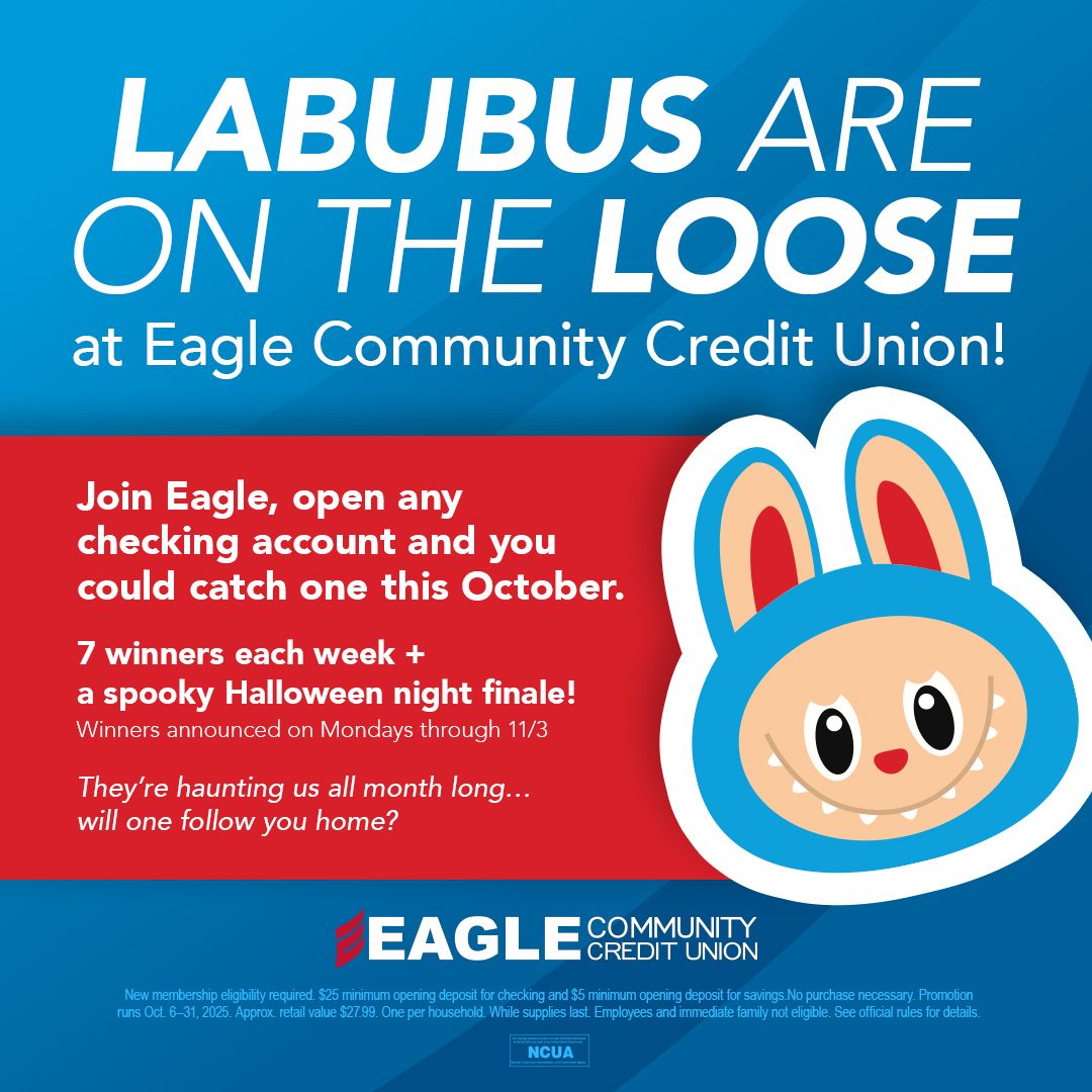 EagleCommCU's tweet photo. The Labubu Halloween Frenzy has begun at Eagle CCU! 🎉
New members who join and open an Eagle checking account by Oct 31st will be entered to win an authentic Labubu (no Lafufus here)!

📖 Full details + rules: https://t.co/QCdAd78vBH https://t.co/ivkoNvP8W6