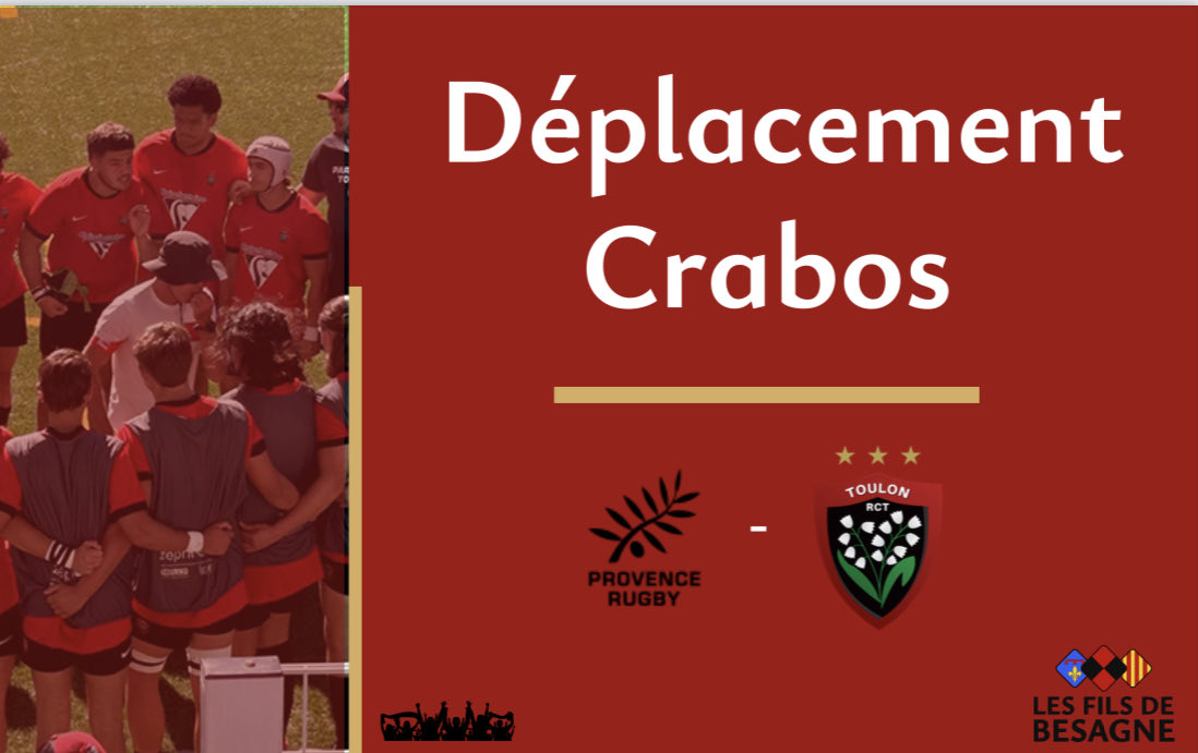 𝐃𝐞́𝐩𝐥𝐚𝐜𝐞𝐦𝐞𝐧𝐭 𝐂𝐫𝐚𝐛𝐨𝐬 ❤️🖤 

L’asso organise un déplacement en covoit a Aix pour encourager nos Crabos ce samedi a 16h30 🔥

🕞 Départ a 14h de la piscine du Port Marchand 
🎉Ambiance garantie

Nos minots auront besoin de vous 🫶
Réservations au 0695133814