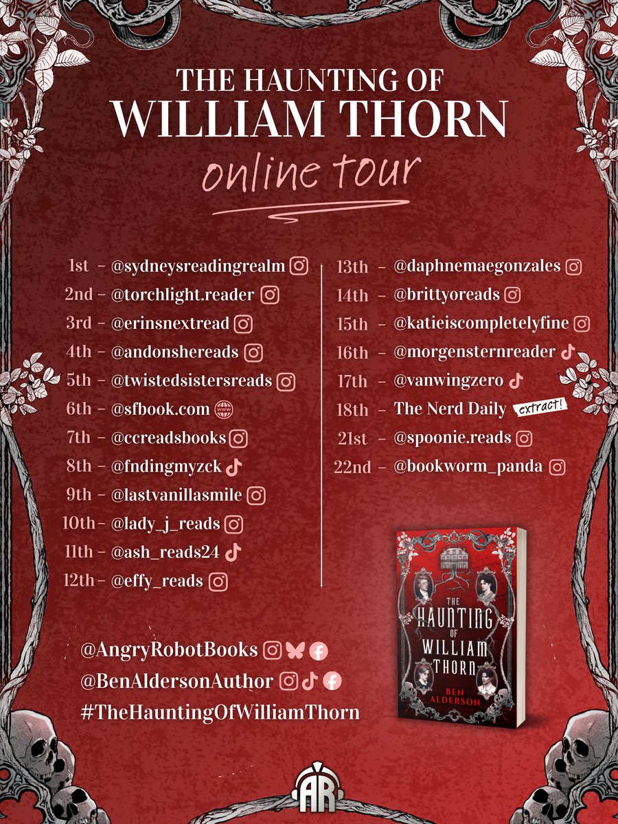 📢Blog Tour Klaxon📢

'The Haunting of William Thorn' by Ben Alderson has modern characters and relationships, but deep down is a classic feeling spooky tale.

Out now 

My <a href="/sfbook/">Ant</a> review: sfbook.com/the-haunting-o…

Thank you <a href="/angryrobotbooks/">Angry Robot Books</a> <a href="/caramalines/">Caroline Lambe</a>