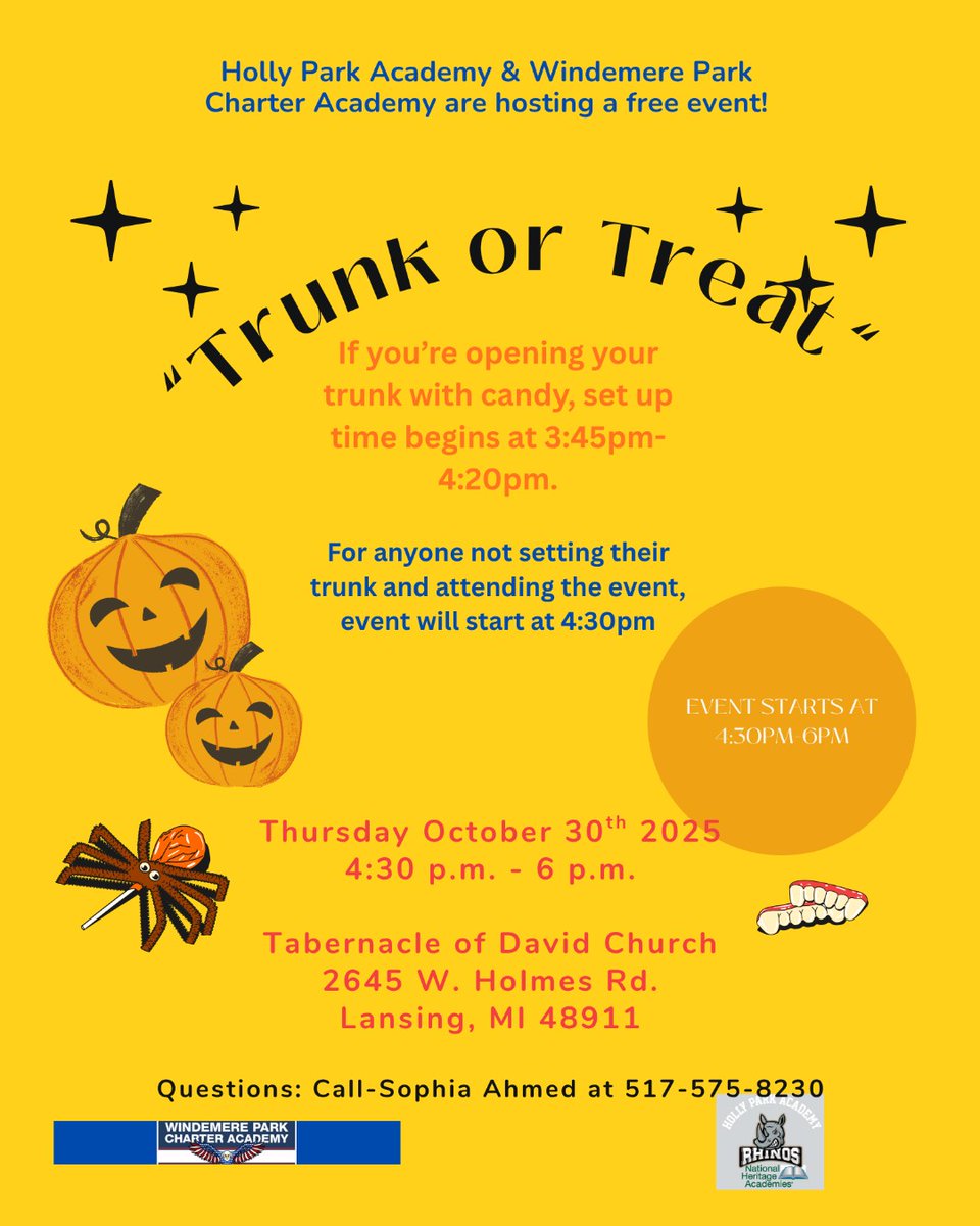 WindemereParkCA's tweet image. Ready for some Trunk or Treat fun? WPCA families: RSVP to set up your trunk at nhal.ink/3VOAD6P or to attend at nhal.ink/48NS7HU! 
Please note, trunk setup will be from 3:45 PM to 4:20 PM, and the event will begin at 4:30 PM.🎃 #TrunkorTreat #WPCA