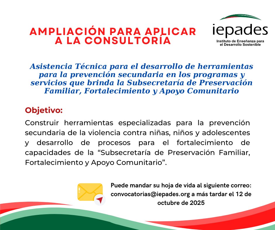 📢 ¡Atención! Se amplía el plazo para enviar su hoja de vida 📢
Si aún no aplicado a la Asistencia Técnica para el desarrollo de herramientas para la prevención secundaria en los programas y servicios que brinda la Subsecretaría de Preservación Familiar, Fortalecimiento y Apoyo