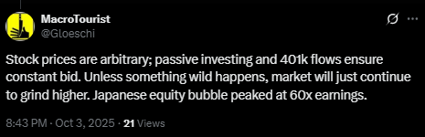 biancoresearch's tweet image. 4/4
All passive index owners have significant exposure to AI. If not, it's because they actively sought out non-AI stocks (orange above), a lagging universe.
Is that "something wild" (below) the popping of the AI bubble? It's enough to bring down the indices.