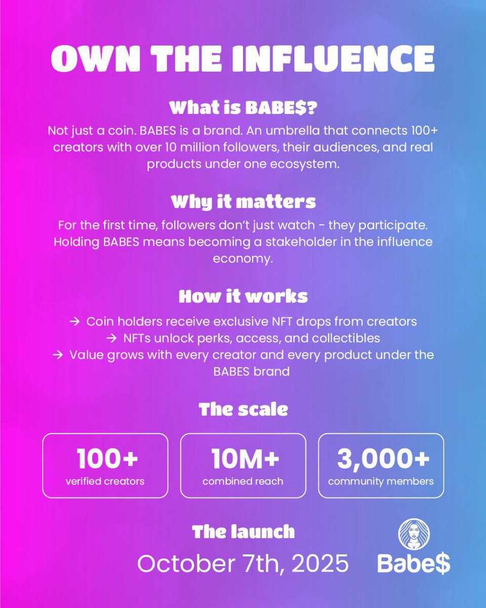 OWN YOUR INFLUENCE with $BABE💓

$BABE is launching soon, and we're hyped to bring positivity, love, and kindness to the crypto space! 🌟

What's $BABE all about?

❤️‍🩹Empowering community-driven growth
❤️‍🩹Spreading love and kindness
❤️‍🩹Building a supportive family

#BABESTOTHEMOON