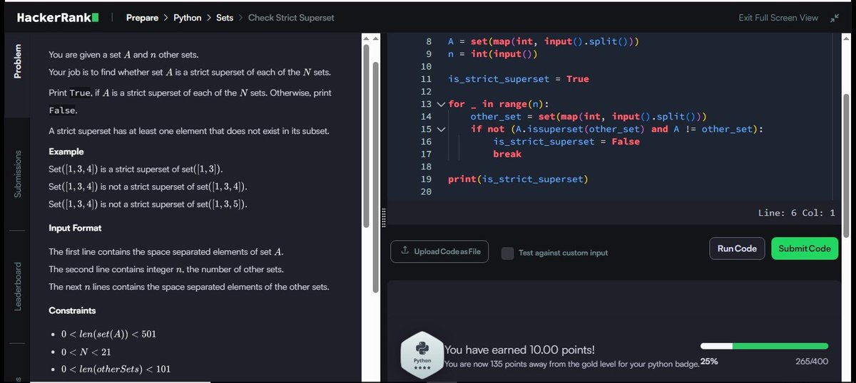 MRout75802's tweet image. Day 15/100 ✅
Solved Check "Strict Superset" on HackerRank 🏆
💡 Learned how to use issuperset() for comparing sets and checking strict conditions efficiently.
#Python #HackerRank #100DaysOfCode #Zigbee