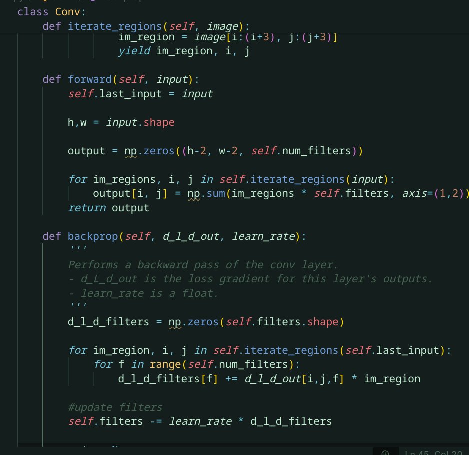jyotipokhrel22's tweet photo. #LUD9
Learned from Stanford CS230-CNNs
> architecture, conv/pool/FC layers
> filter dims, stride, padding, tuning
> activation: ReLU, Softmax
Implemented class Conv:
> Xavier init
> Valid padding, region iter
> Forward pass & Backprop
#LearningUtsav2025 #CNN https://t.co/V2PadzIFRT