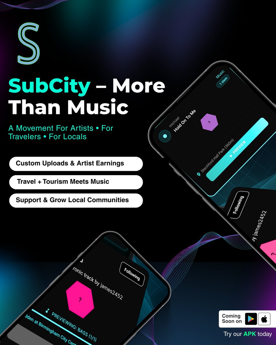 SubCityio's tweet photo. 🌆🎶 SubCity: More Than Music.
Where artists + travelers connect. Upload tracks, discover local sounds &amp; explore cities through music.
Underground beats meet global streets.
🌍 https://t.co/qQA0sS0gxg
📲 @SubCityio

#SubCityApp #MusicTravelers #SupportLocalArtists #SoundCulture https://t.co/TmL2OV4Hic