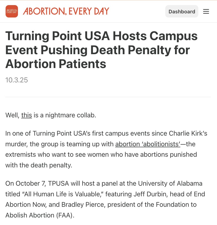 JessicaValenti's tweet image. ICYMI: One of Turning Point USA’s first campus events since Charlie Kirk’s murder is a panel of abortion “abolitionists” — extremists who want women executed for ending their pregnancies.
Link in bio.