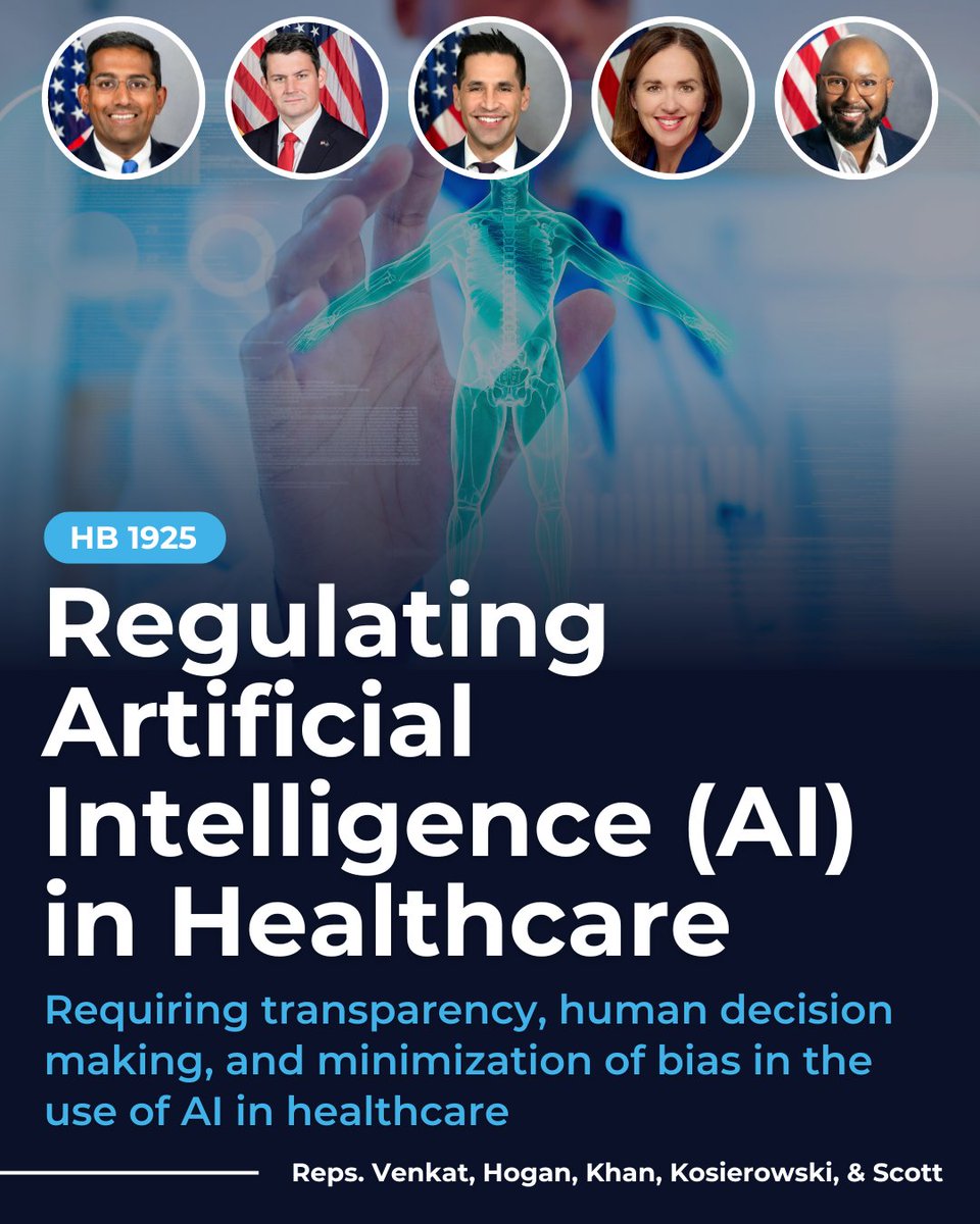 RepVenkat's tweet image. It&apos;s vital that we ensure transparency, human decision making, and protection of privacy when AI is used in healthcare. Today, I joined with Rep. Hogan, @RepTarik, @RepBridget, and @RepGregScott to introduce HB 1925, bipartisan legislation to regulate the use of AI in healthcare.