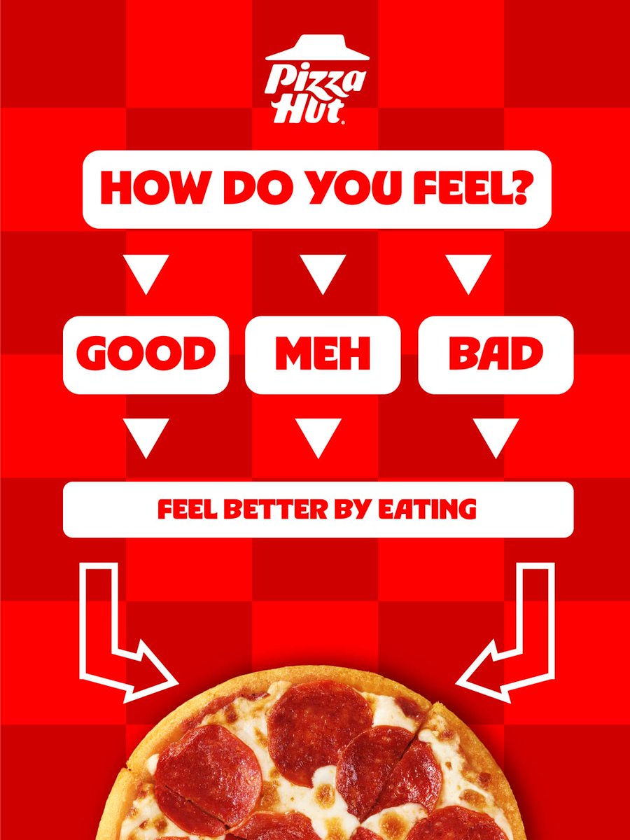 PIZZAHUTSA's tweet image. This weeks&apos; mood? Good? Meh? Bad? Doesn’t matter - Pizza Hut&apos;s 20 Buck Tuesday makes every vibe a good vibe. 🍕

Pull up to your nearest Hut tomorrow, slice up, and keep the good times undefeated.

#PizzaHut #PizzaPlug #PizzaVibes #PizzaGoals

pizzahut.co.za/en/store-locat…
