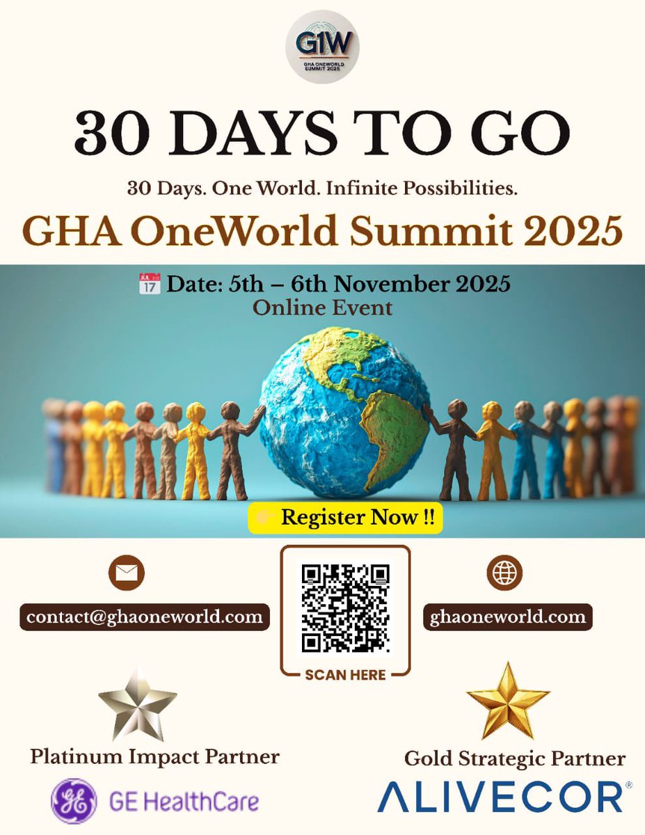 ghaoneworld's tweet photo. 🌍 30 DAYS TO GO!

Get ready for the GHA OneWorld Summit 2025 : 30 Days. One World. Infinite Possibilities.

📅 5–6 Nov 2025 | 💻 Online Event

Register now: https://t.co/BpbR2ejKa8 

#GHAOneWorld #GlobalHealth #Innovation https://t.co/gRgjpr2k5d