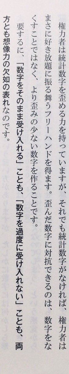 honnoinosisi555's tweet photo. 「権力者は統計数字を歪める力を持っていますが、それでも統計数字がなければ、権力者はまさに好き放題に振る舞うフリーハンドを得ます。歪んだ数字に対抗できるのは、数字をなくすことではなく、より歪みの少ない数字を作ることです。」（筒井淳也『数字のセンスを磨く』光文社新書、P6） https://t.co/Re2jVBF9Ex