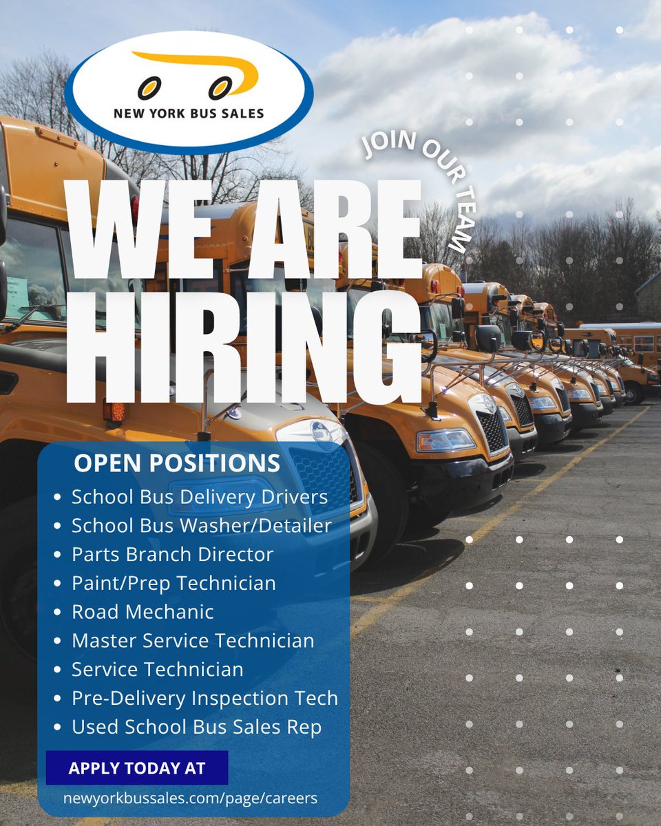 We’re growing this fall!🍂 New York Bus Sales is looking for dedicated individuals to join our team. If you’re ready to make a difference in student transportation and be part of a company that values safety, service, and community, apply today!🚌✨

#hiring #applynow #work #nybs