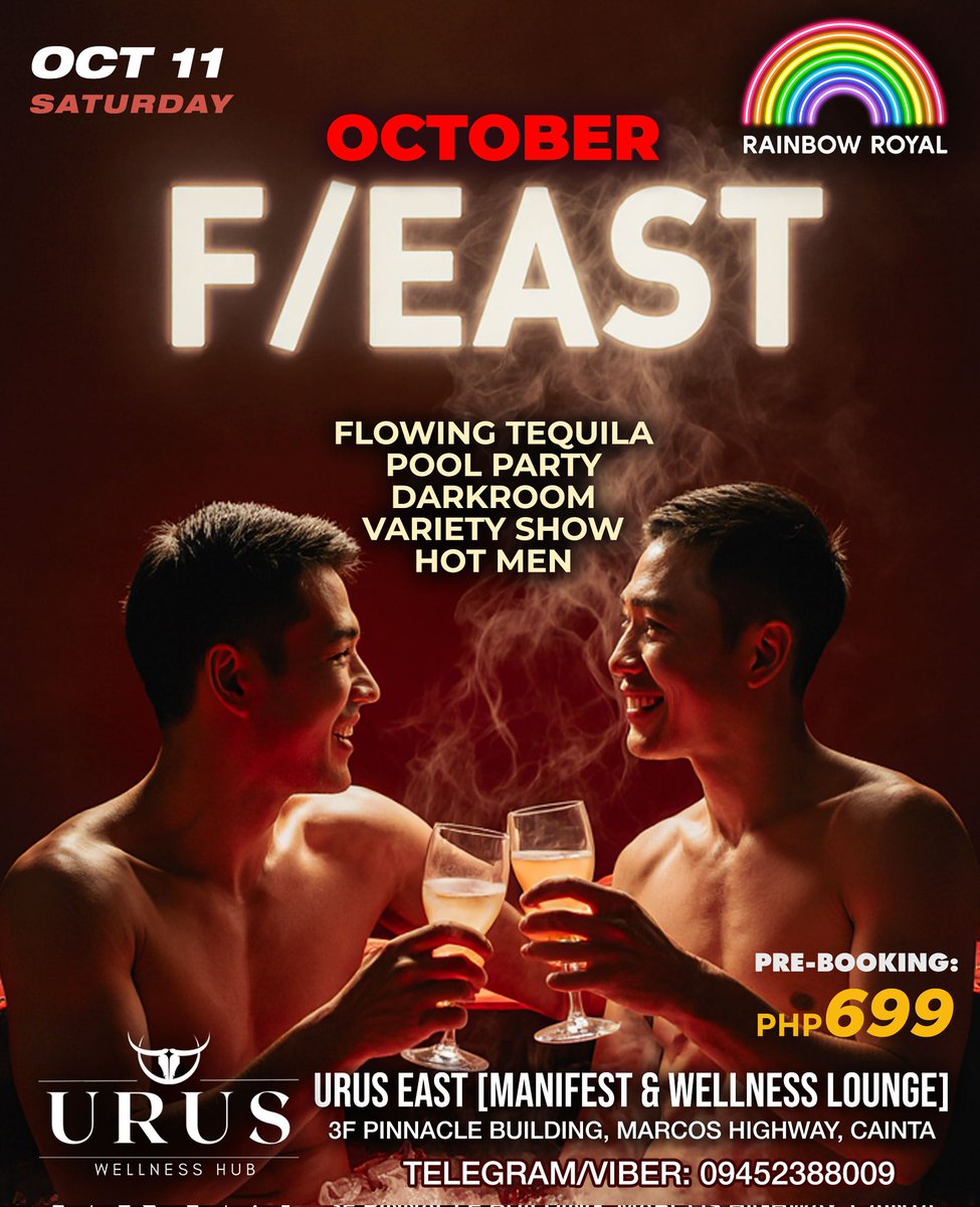 Hey! Join Us this Coming October 11! Looking for Unli Fun . Be with us and enjoy Unli drinks , unli men and unli Fun. . 

For Reservation P699 Only Enjoy from 3pm to 3am at URUS East. 

Dm me now for Reservation.