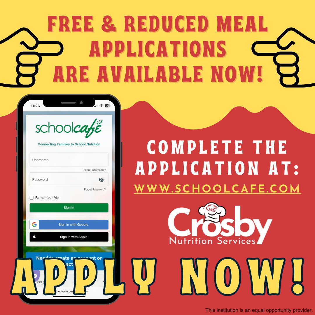 Make a lasting impact! 💪Submit your free &amp; reduced meal application to support your child's meals and our district's funding.

Complete the application here: schoolcafe.com

<a href="/CrosbyISD/">Crosby ISD</a> #committedtostudents #cougarpride #bettertogether #Crosbytx #Crosbytexas #Crosby