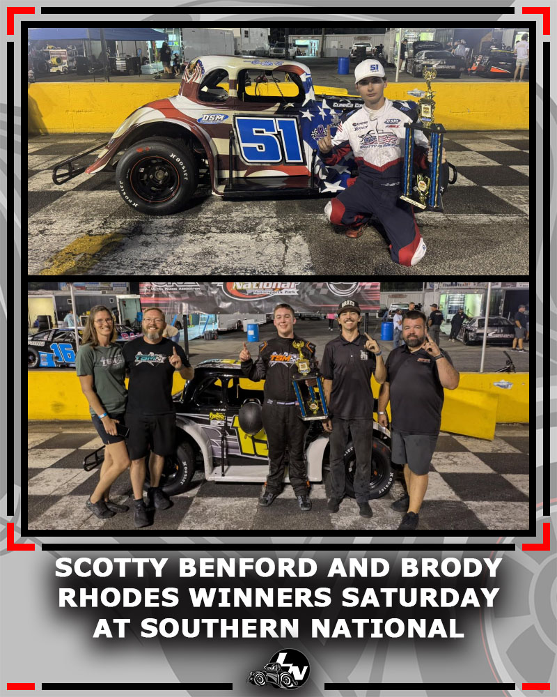 legendsnation's tweet photo. Scotty Benford and Brody Rhodes won the two twin Legends features on Saturday, October 4, at Southern National Motorsports Park (NC). Photo credits: track and team provided / posted #legends #legendsnation https://t.co/mCsduqDulD