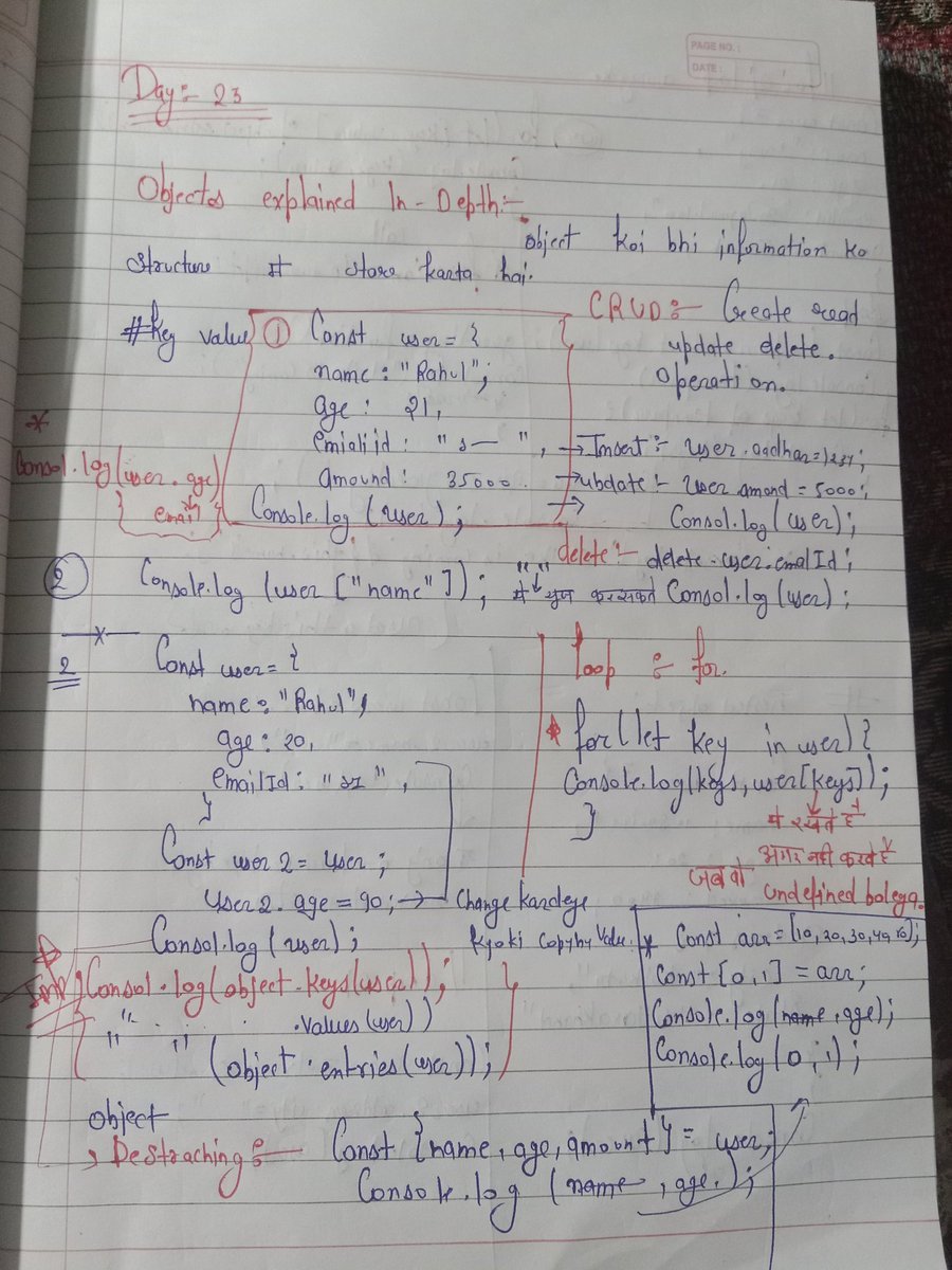 Snycoder_x's tweet image. Day 23 – Web Development Defence Series 💻
Explored JavaScript Objects in depth — a fundamental concept for structuring and managing data efficiency Key takeaways:
🔹 Key–Value structure
CRUD operations (Create, Read, Update, Delete)
Object methods: keys(), values(),entries().