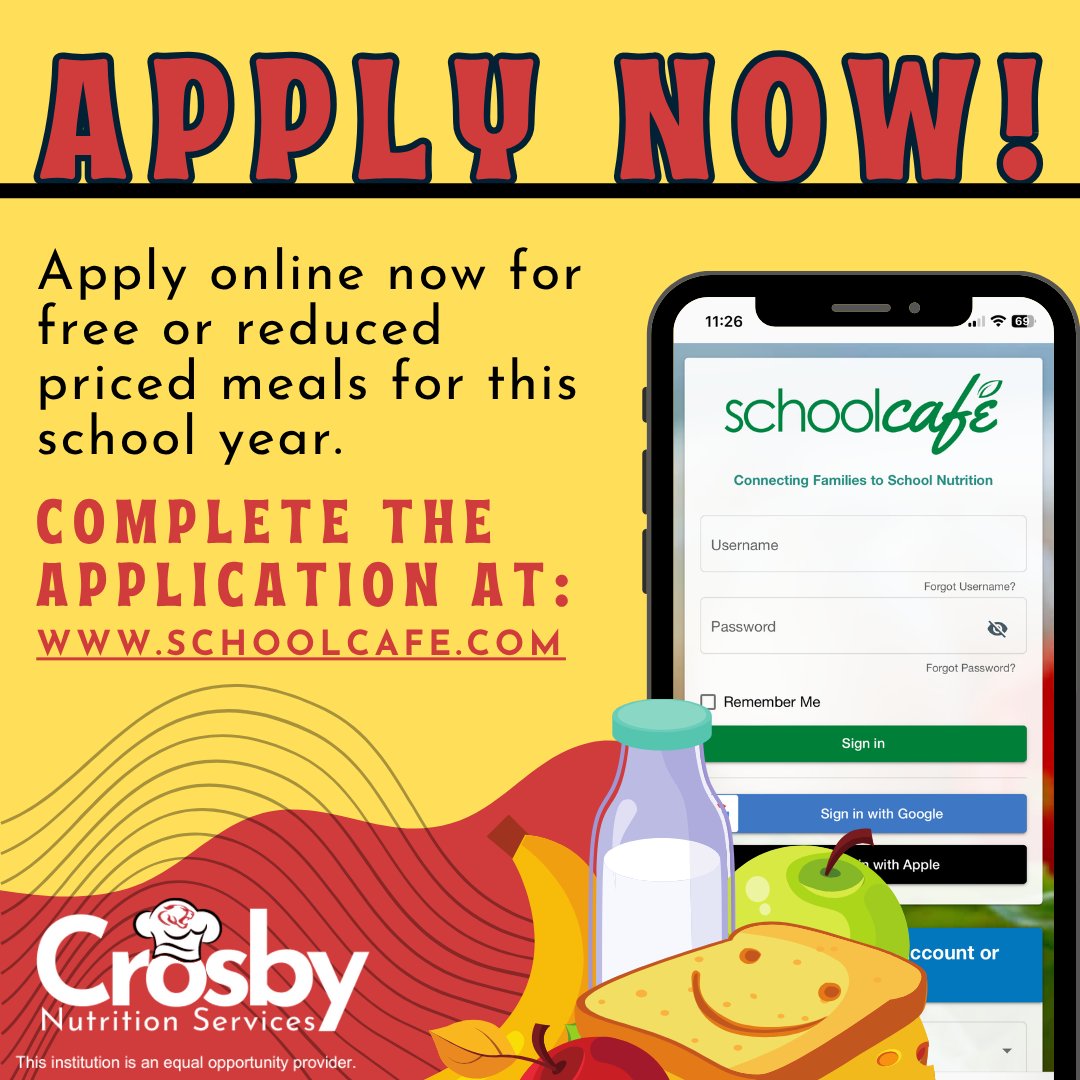 Skip the lunchbox and save a little money on your grocery bill.🥗 🍕Complete our free &amp; reduced meal application to possibly qualify for free/reduced meals this school year.

Apply now: schoolcafe.com

<a href="/CrosbyISD/">Crosby ISD</a> #committedtostudents #cougarpride #bettertogether