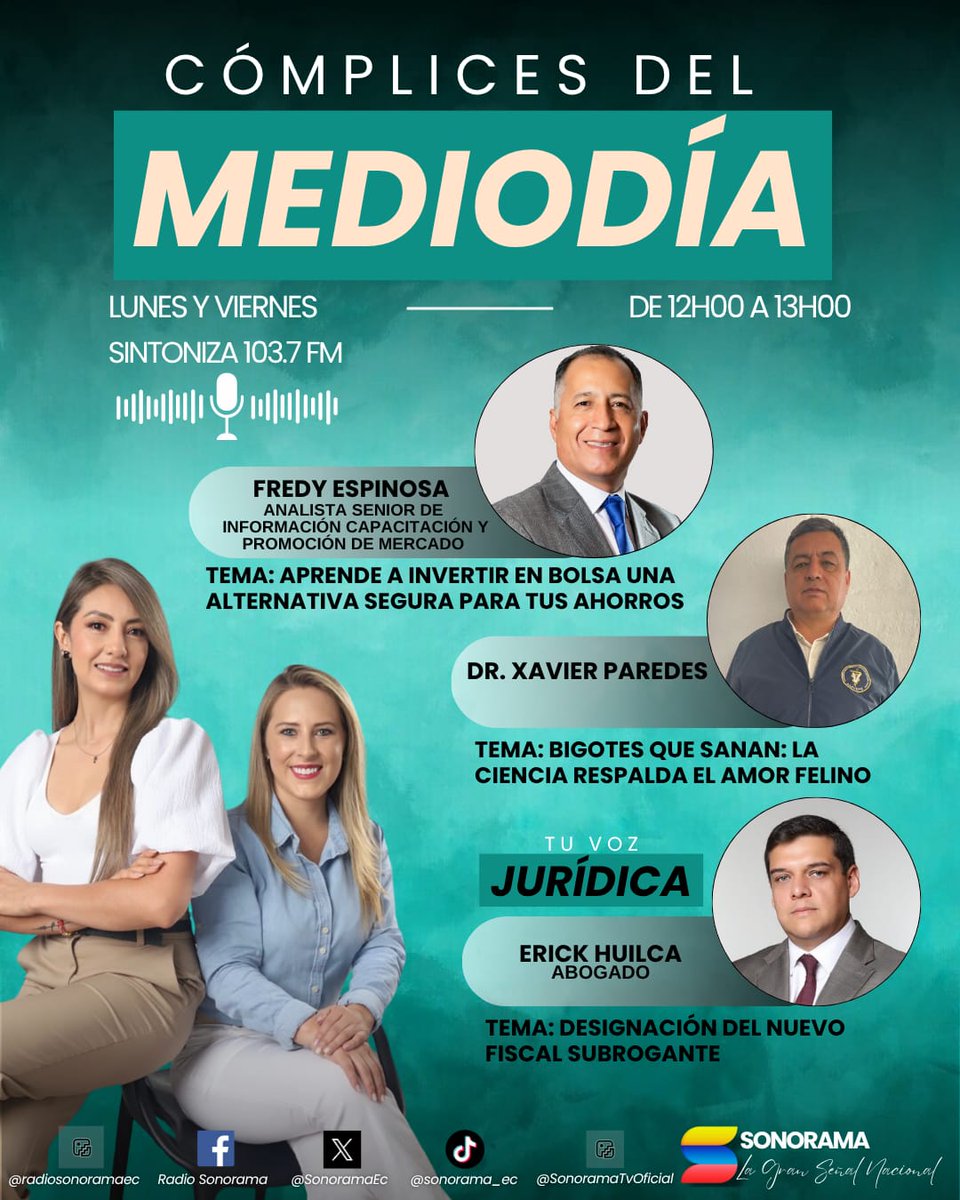 🎙Agenda de #CómplicesDelMediodía | Lunes, 06 de octubre de 2025
🕛 Acompáñanos de 12h00 a 13h00 por #RadioSonorama 📻💬
Con <a href="/CarlaCevallosR/">Carla Cevallos Oficial</a> y Tati Martínez 🎧

En el programa:

▶ Dr. Xavier Paredes

▶ Fredy Espinosa 
Analista senior de 
información capacitación y promoción de