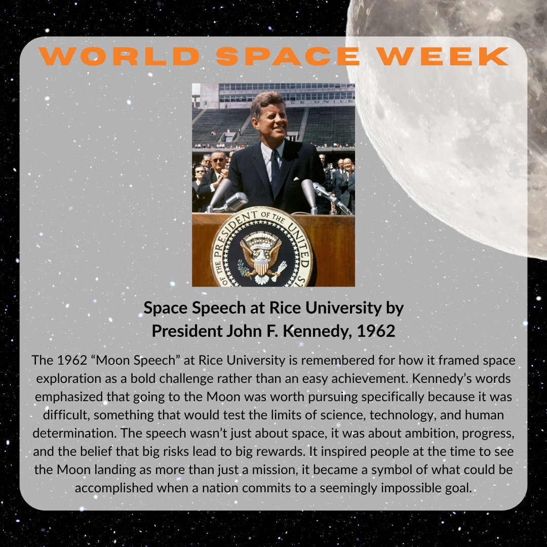 This week, we celebrate #WorldSpaceWeek; an international celebration of science &amp; technology, and their contribution to the betterment of the human condition. 
Today, we highlight President Kennedy's Speech at <a href="/RiceUniversity/">Rice University</a>.
youtu.be/WZyRbnpGyzQ?si…