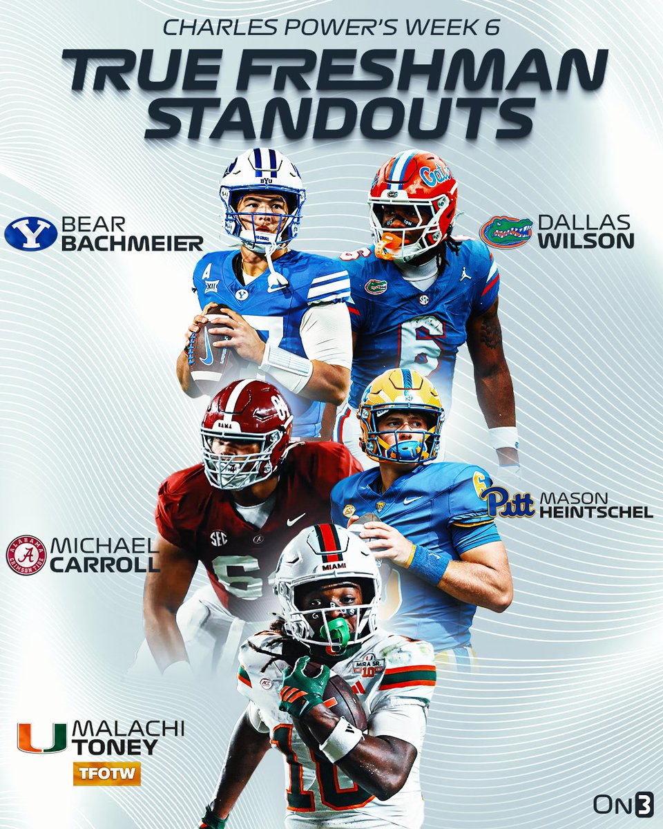 On3sports's tweet image. NEW: Week 6 College Football True Freshman Standouts headlined by Miami WR Malachi Toney🙌

(via @CharlesPower) 

on3.com/news/true-fres…