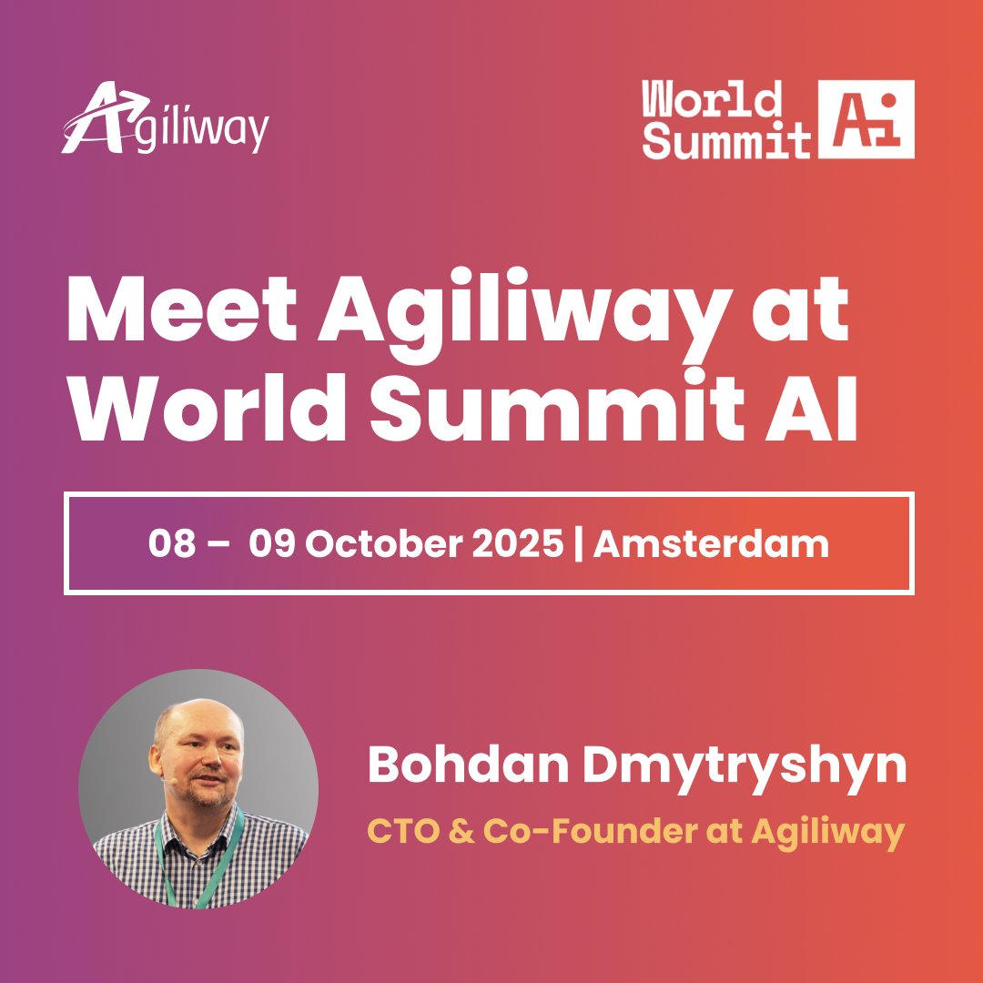 Agiliway is heading to #WorldSummitAI 2025 in Amsterdam, Netherlands! We’re looking forward to discussing AI strategy, MLOps, and scaling ML in production. If you’re attending and want to connect, reach out to our CTO &amp; Co-Founder, Bohdan Dmytryshyn: linkedin.com/in/bohdan-dmyt…