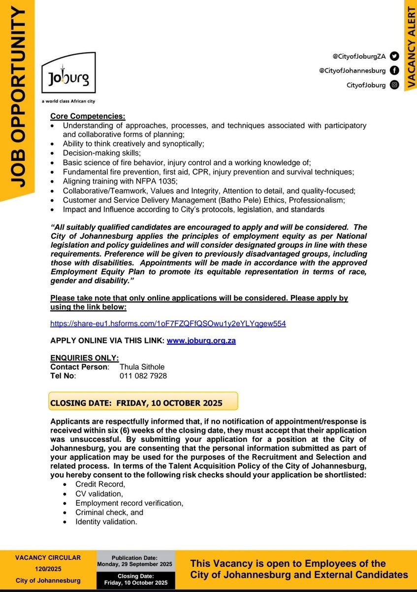 distance24_SA's tweet photo. https://t.co/B6F3o2WhyC Job Opportunity: PIER Officer (Public Information, Education, and Relations)
City of Johannesburg — Public Safety: Emergency Management Services (EMS)

Closing Date: Friday, 10 October 2025 https://t.co/w3k8y371mz
