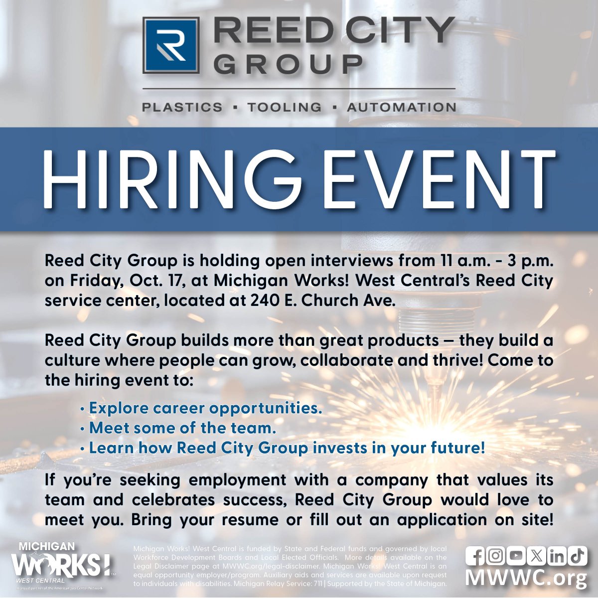Reed City Group is hiring!
See about joining their team at the Oct. 17, hiring event in Reed City!