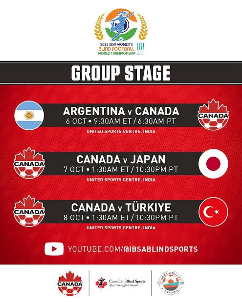Tough loss for Canada in its first ever women’s international tournament for Blind Soccer. Japan is up next October 7 at 10:30 PM .  We will get there. youtube.com/live/BWZBqFi8G…
Here’s the link to watch the next two games.  #5Aside. #BlindSoccer.  #IBSA.